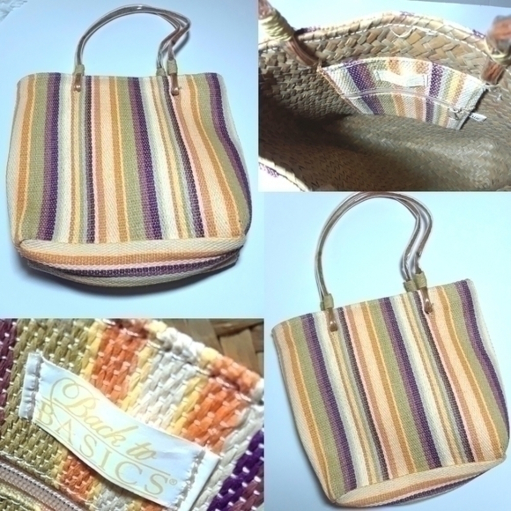 Vintage Back To Basics Stripe Straw Small Tote Bag